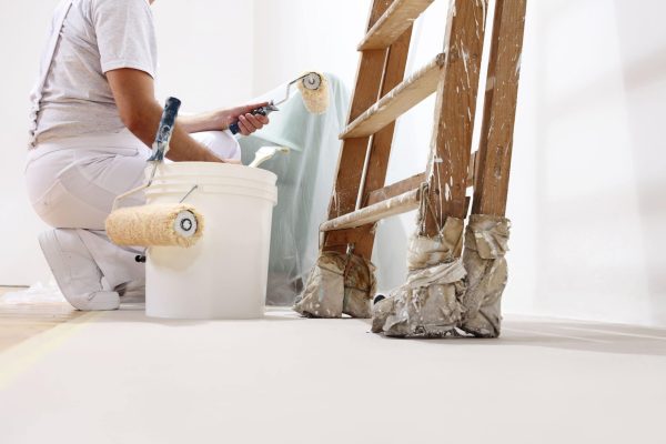 Painter man at work with a roller, bucket and ladder-min